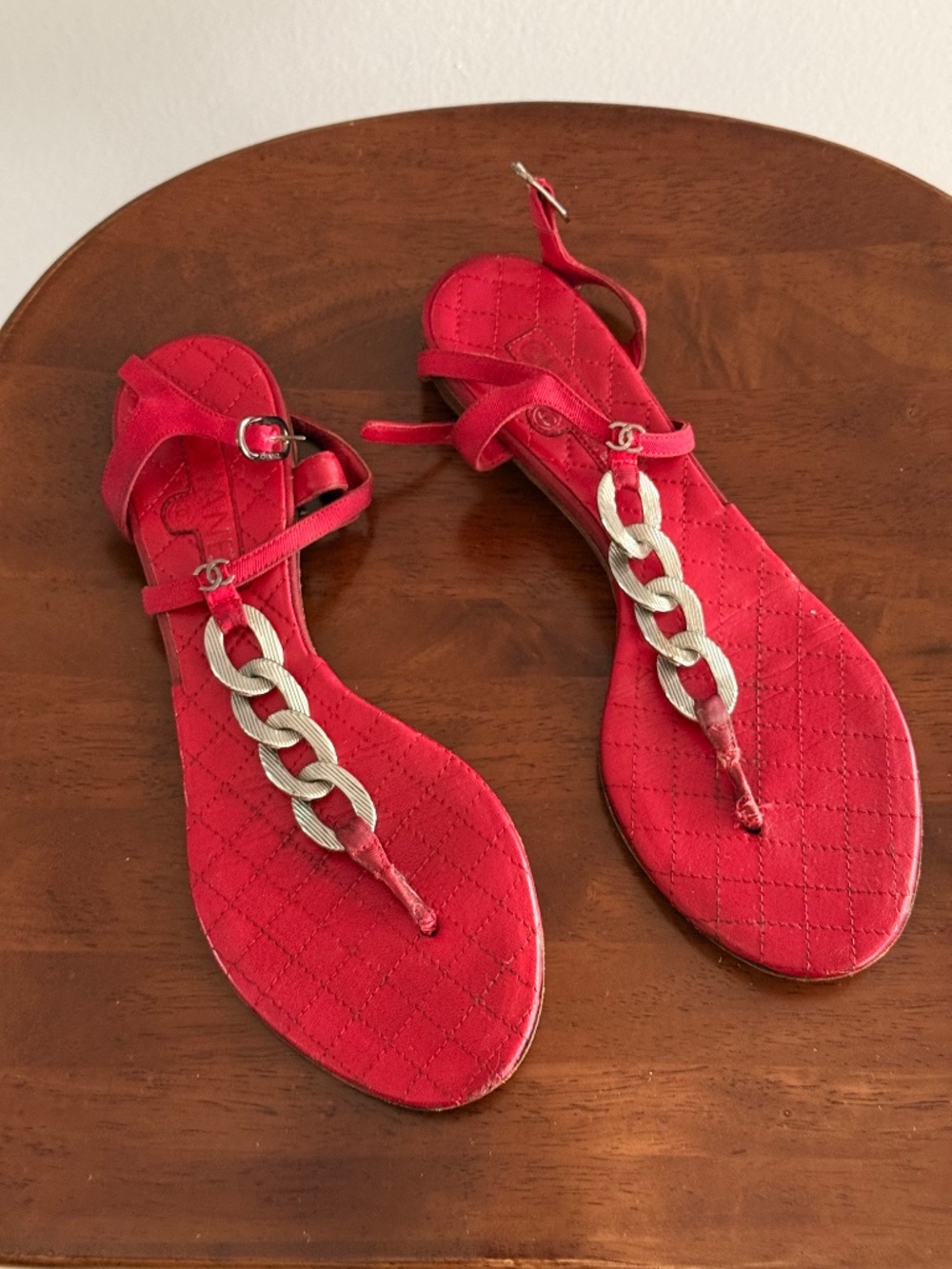 CHANEL Quilted Leather Chain Thong Sandals